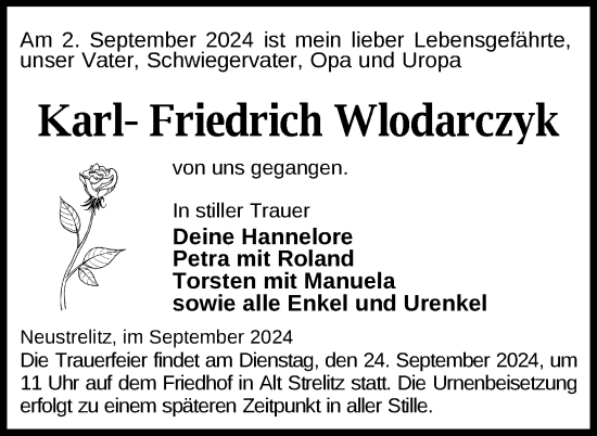 Traueranzeige von Karl-Friedrich Wlodarczyk von Nordkurier Strelitzer Zeitung