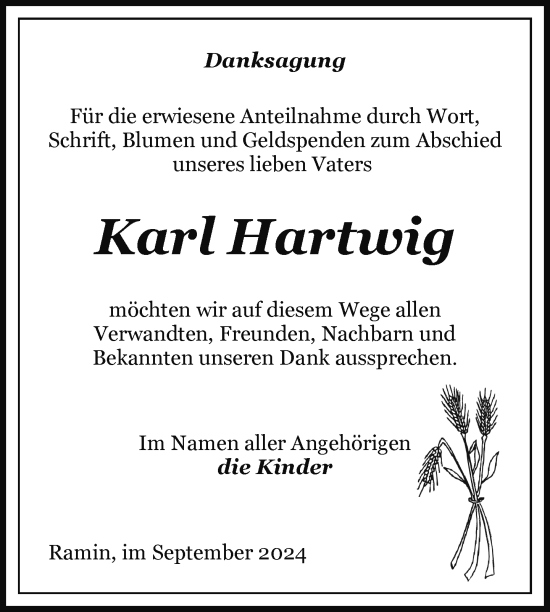 Traueranzeige von Karl Hartwig von Nordkurier Pasewalker Zeitung