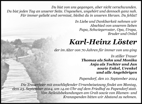 Traueranzeige von Karl-Heinz Löster von Nordkurier Pasewalker Zeitung