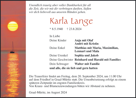 Traueranzeige von Karla Lange von Norddeutsche Neueste Nachrichten