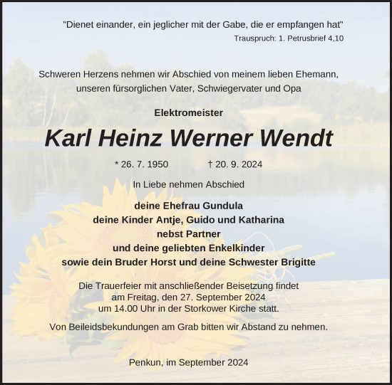 Traueranzeige von Karl Heinz Werner Wendt von Nordkurier Pasewalker Zeitung