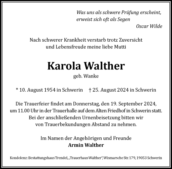 Traueranzeige von Karola Walther von Zeitung für die Landeshauptstadt