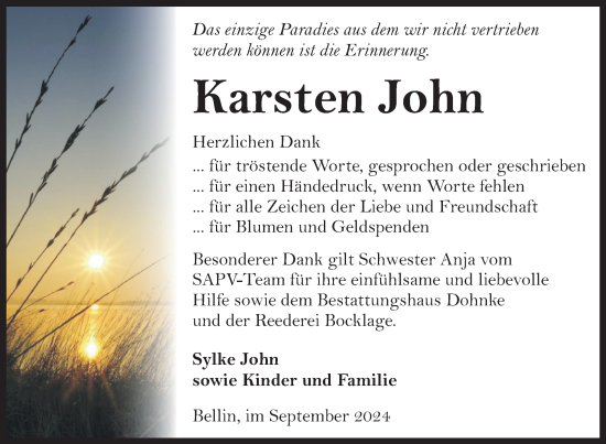 Traueranzeige von Karsten John von Nordkurier Haff-Zeitung