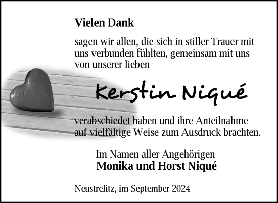 Traueranzeige von Kerstin Nique von Nordkurier Strelitzer Zeitung