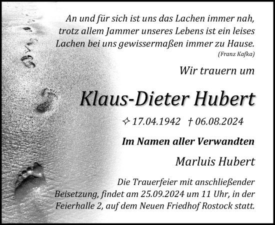 Traueranzeige von Klaus-Dieter Hubert von Norddeutsche Neueste Nachrichten