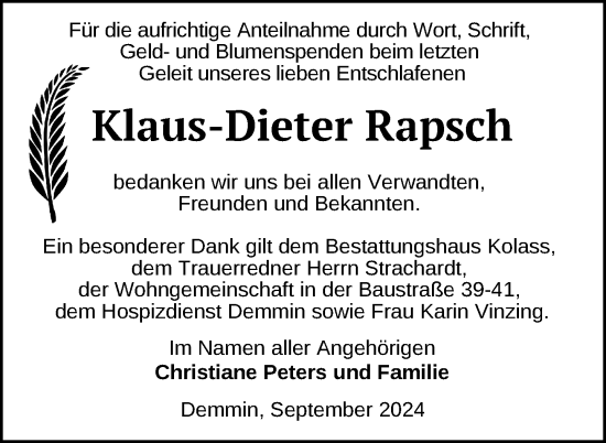 Traueranzeige von Klaus-Dieter Rapsch von Nordkurier Demminer Zeitung