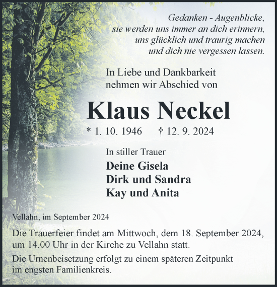 Traueranzeige von Klaus Neckel von Hagenower Kreisblatt