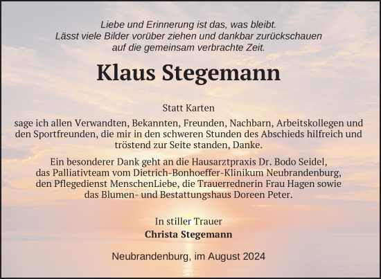 Traueranzeige von Klaus Stegemann von Nordkurier Neubrandenburger Zeitung