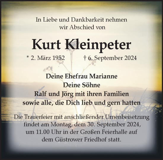 Traueranzeige von Kurt Kleinpeter von Güstrow und Bützow