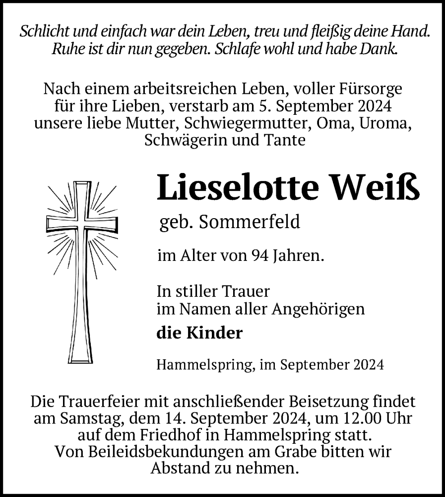  Traueranzeige für Lieselotte Weiß vom 11.09.2024 aus Uckermark Kurier Templiner Zeitung