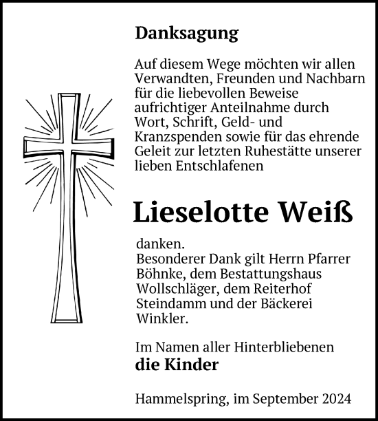 Traueranzeige von Lieselotte Weiß von Uckermark Kurier Templiner Zeitung