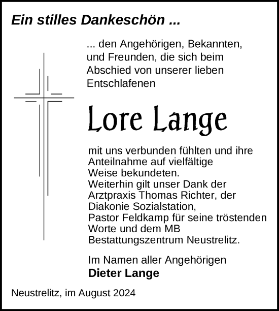 Traueranzeige von Lore Lange von Nordkurier Strelitzer Zeitung