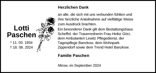 Traueranzeige von Lotti Paschen von Zeitung für die Landeshauptstadt