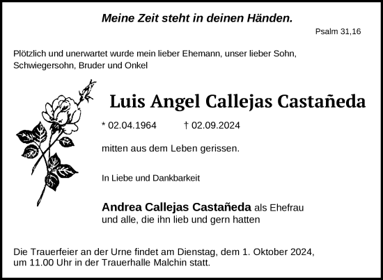 Traueranzeige von Luis Angel Callejas Castañeda von Nordkurier Mecklenburger Schweiz