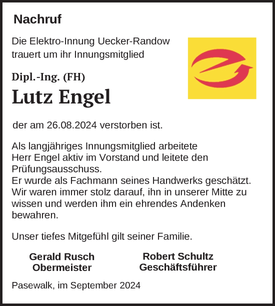 Traueranzeige von Lutz Engel von Nordkurier Pasewalker Zeitung