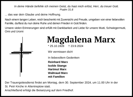 Traueranzeige von Magdalena Marx von Nordkurier Neubrandenburger Zeitung