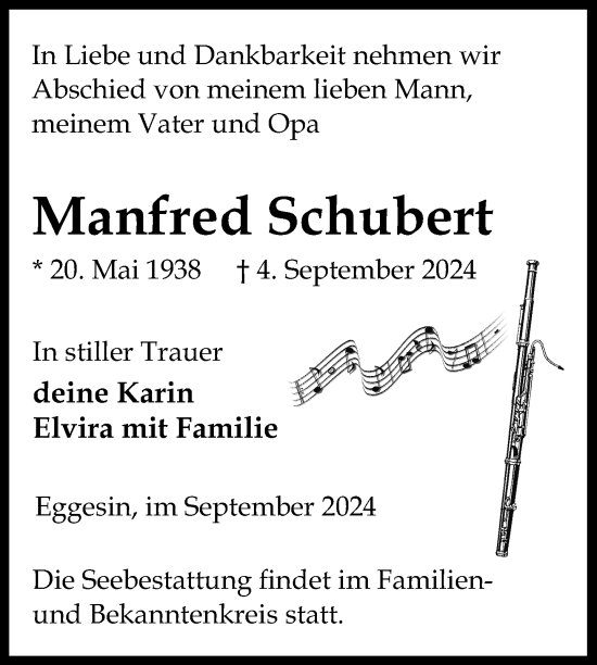 Traueranzeige von Manfred Schubert von Nordkurier Haff-Zeitung