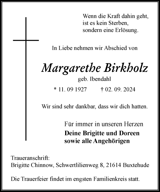 Traueranzeige von Margarethe Birkholz von Hagenower Kreisblatt