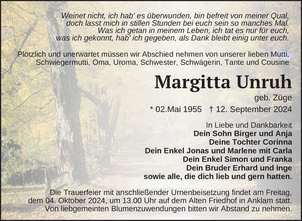  Traueranzeige für Margitta Unruh vom 21.09.2024 aus Nordkurier Vorpommern Kurier