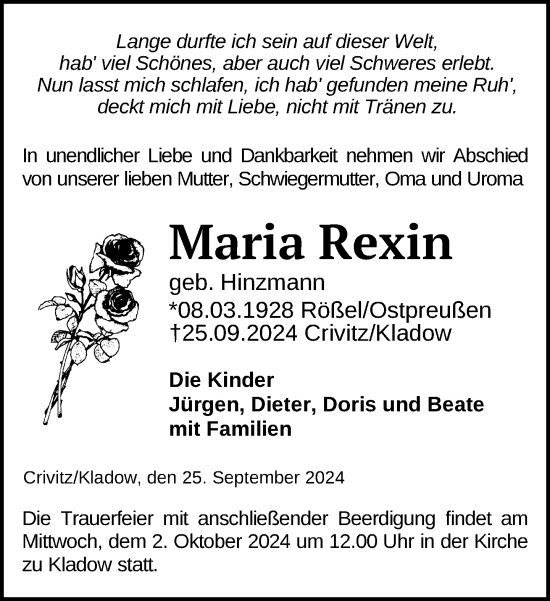 Traueranzeige von Maria Rexin von Zeitung für die Landeshauptstadt