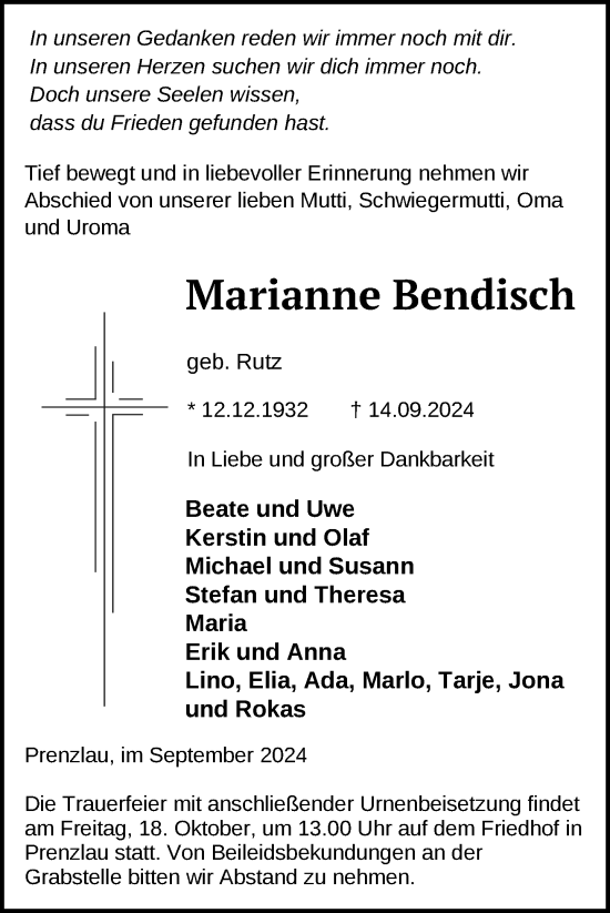 Traueranzeige von Marianne Bendisch von Uckermark Kurier Prenzlauer Zeitung