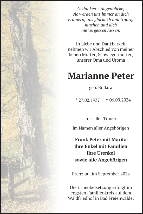 Traueranzeige von Marianne Peter von Uckermark Kurier Prenzlauer Zeitung