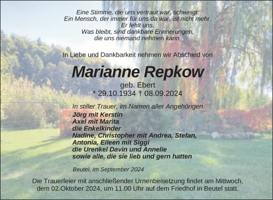 Traueranzeige von Marianne Repkow von Uckermark Kurier Templiner Zeitung