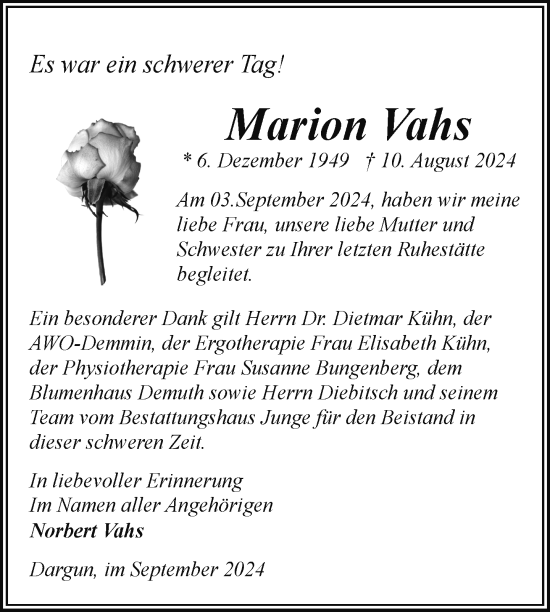 Traueranzeige von Marion Vahs von Nordkurier Mecklenburger Schweiz