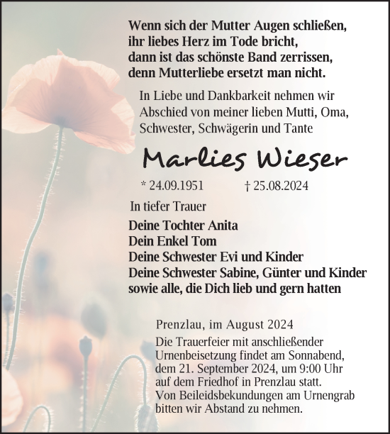 Traueranzeige von Marlies Wieser von Uckermark Kurier Prenzlauer Zeitung