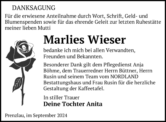 Traueranzeige von Marlies Wieser von Uckermark Kurier Prenzlauer Zeitung