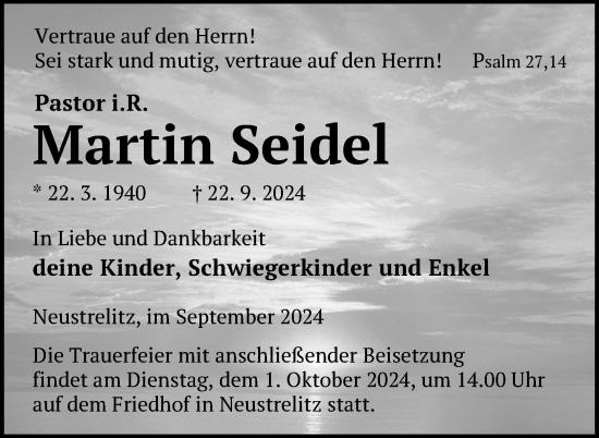 Traueranzeige von Martin Seidel von Nordkurier Neubrandenburger Zeitung