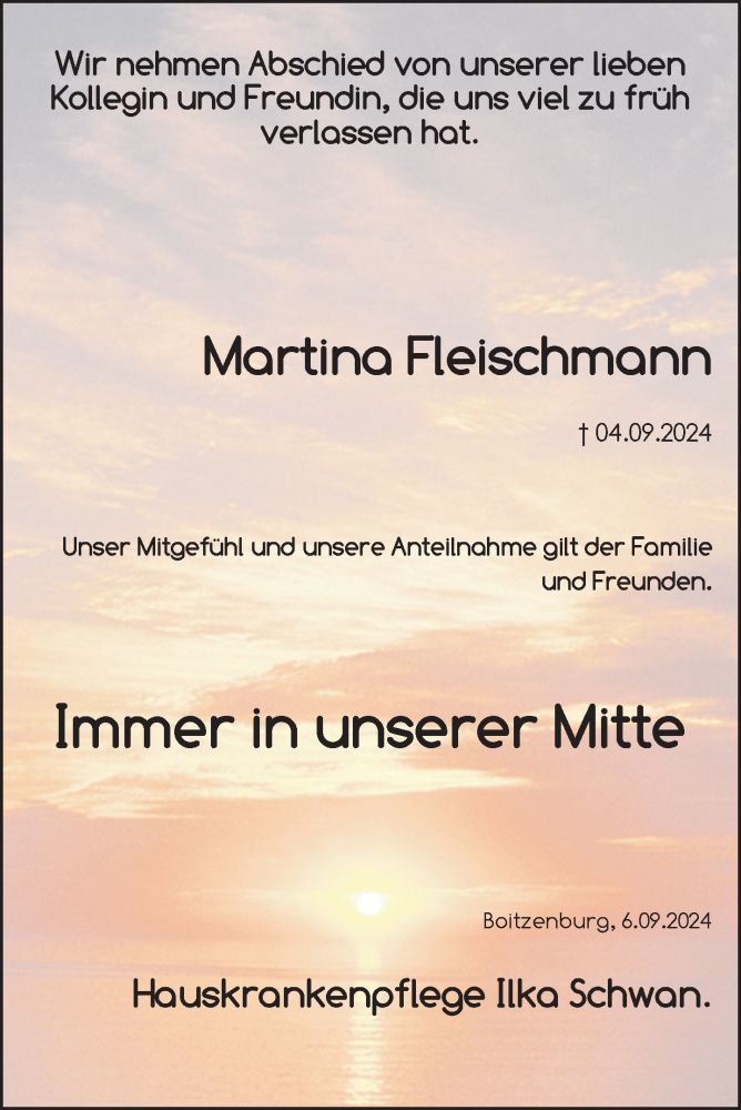  Traueranzeige für Martina Fleischmann vom 07.09.2024 aus Uckermark Kurier Templiner Zeitung