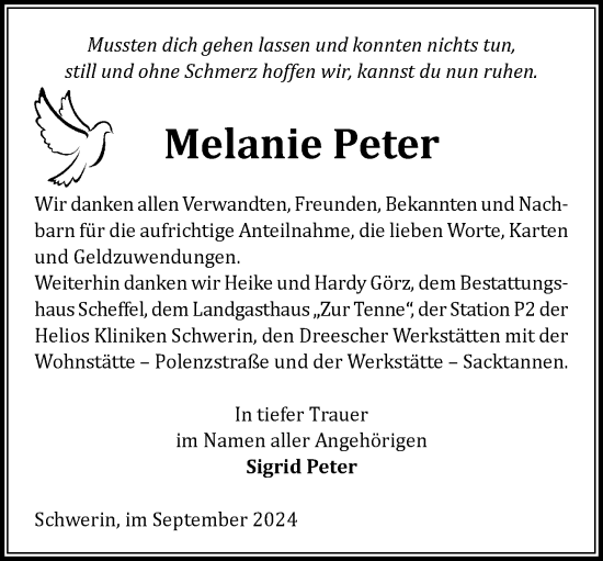 Traueranzeige von Melanie Peter von Zeitung für die Landeshauptstadt