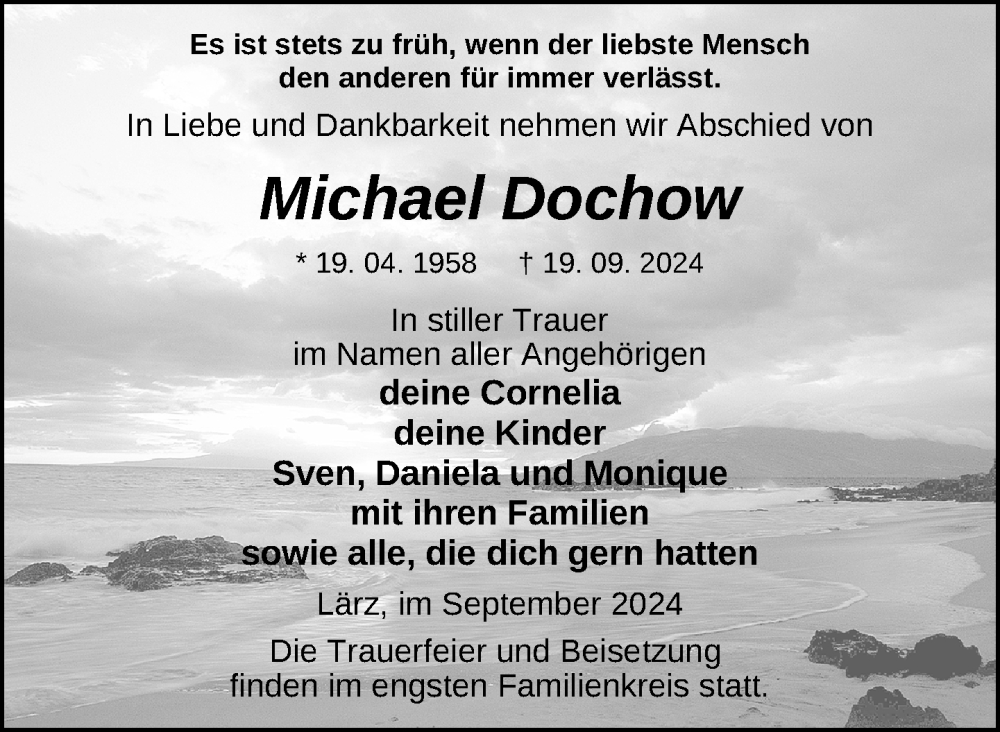  Traueranzeige für Michael Dochow vom 27.09.2024 aus Nordkurier Strelitzer Zeitung