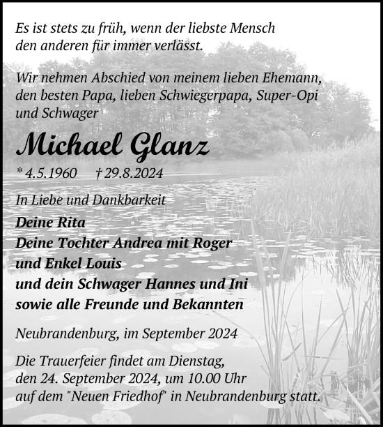 Traueranzeige von Michael Glanz von Nordkurier Neubrandenburger Zeitung