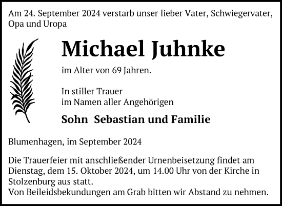 Traueranzeige von Michael Juhnke von Nordkurier Pasewalker Zeitung