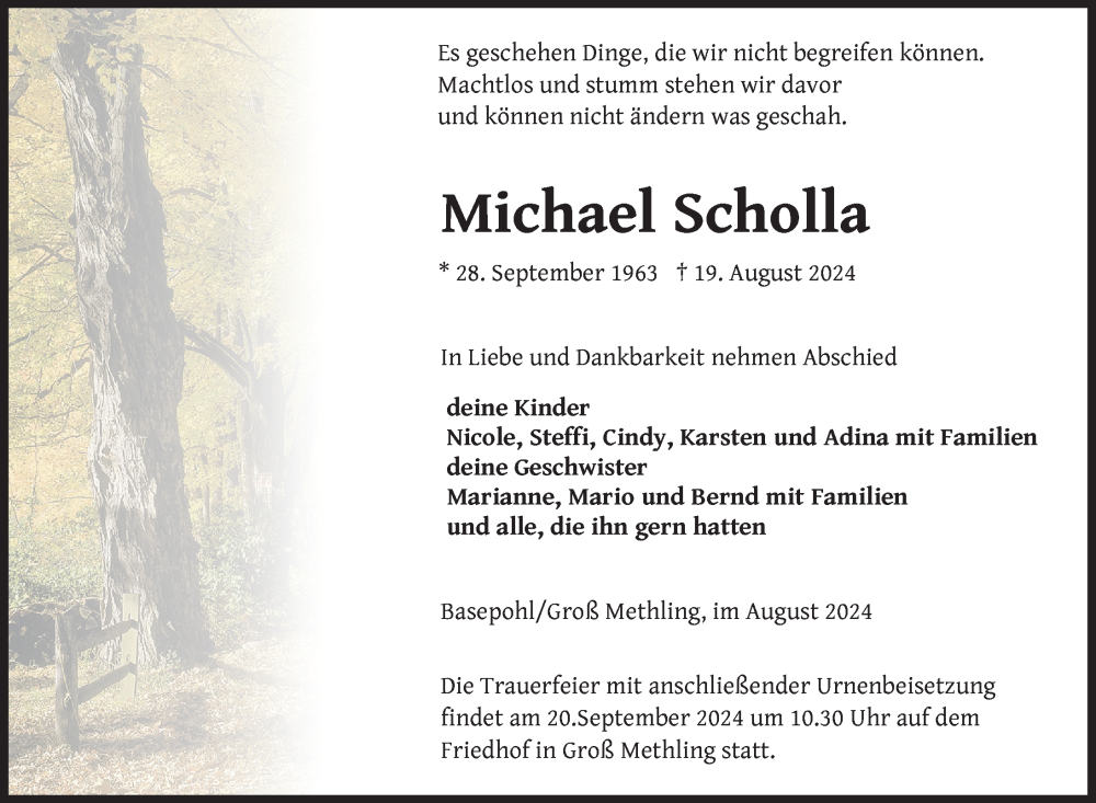  Traueranzeige für Michael Scholla vom 13.09.2024 aus Nordkurier Grosso