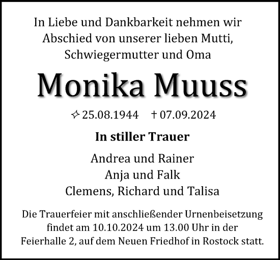 Traueranzeige von Monika Muuss von Norddeutsche Neueste Nachrichten