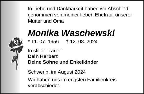 Traueranzeige von Monika Waschewski von Zeitung für die Landeshauptstadt