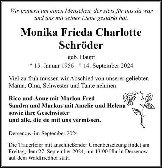 Traueranzeige von Monika Frieda Charlotte Schröder von Hagenower Kreisblatt