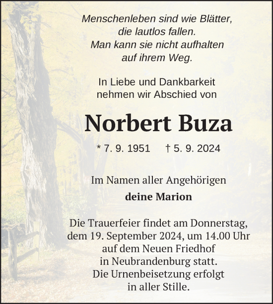 Traueranzeige von Norbert Buza von Nordkurier Neubrandenburger Zeitung