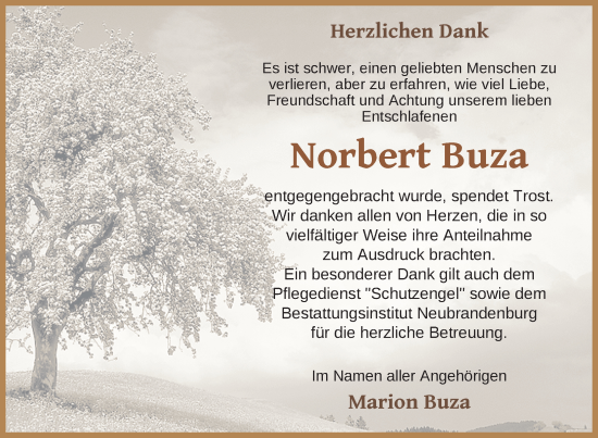 Traueranzeige von Norbert Buza von Nordkurier Neubrandenburger Zeitung