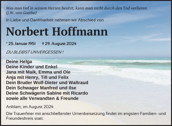 Traueranzeige von Norbert Hoffmann von Nordkurier Vorpommern Kurier