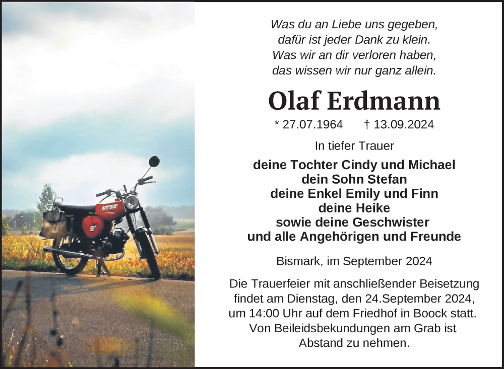  Traueranzeige für Olaf Erdmann vom 20.09.2024 aus Nordkurier Pasewalker Zeitung