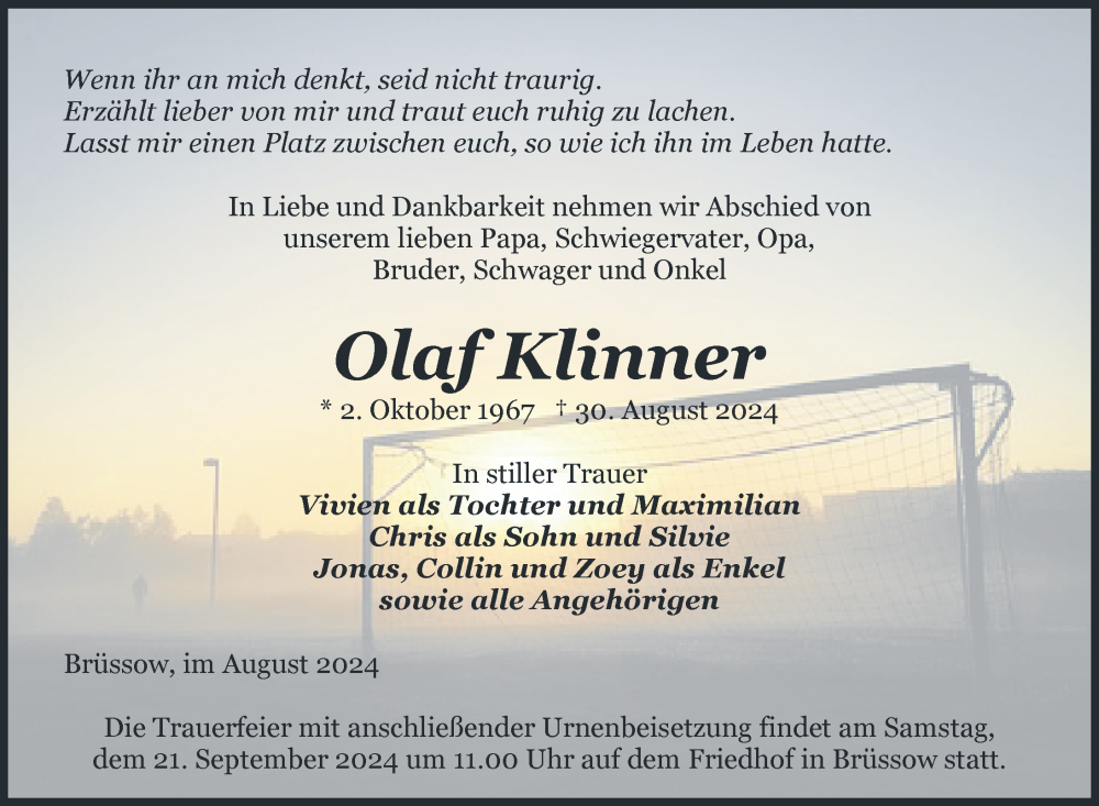  Traueranzeige für Olaf Klinner vom 06.09.2024 aus Uckermark Kurier Prenzlauer Zeitung