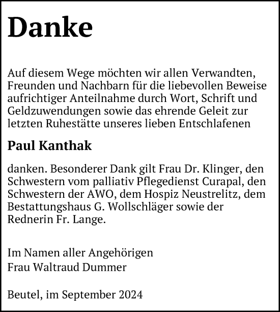 Traueranzeige von Paul Kanthak von Uckermark Kurier Templiner Zeitung