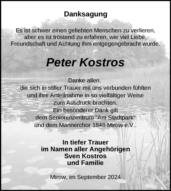 Traueranzeige von Peter Kostros von Nordkurier Strelitzer Zeitung