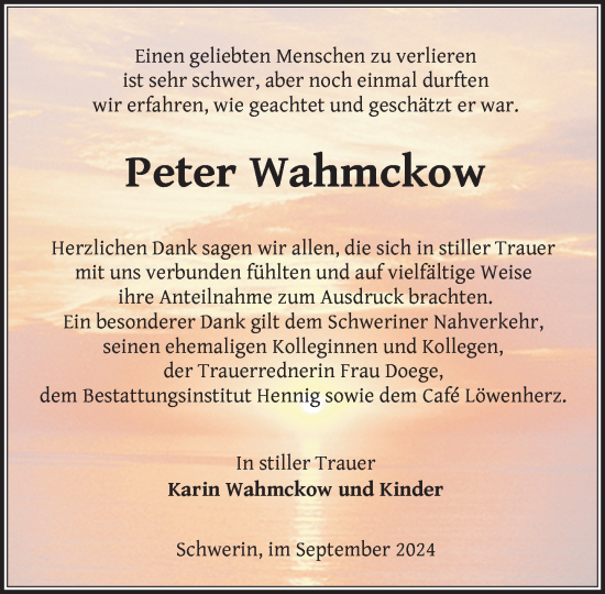 Traueranzeige von Peter Wahmckow von Zeitung für die Landeshauptstadt