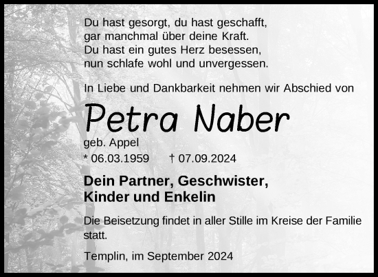 Traueranzeige von Petra Naber von Uckermark Kurier Templiner Zeitung