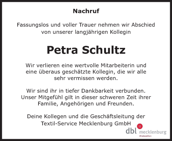 Traueranzeige von Petra Schultz von Parchim und Lübz